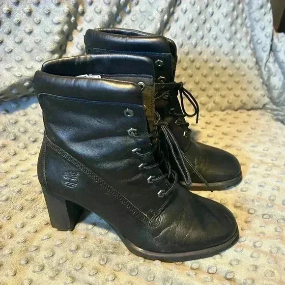 Timberland Black Leather‎ Lace Up High Heeled Boots, Size 9.5 - Picture 1 of 9